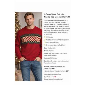 J.Crew 100% Wool Fair Isle Red Sweater Men’s M